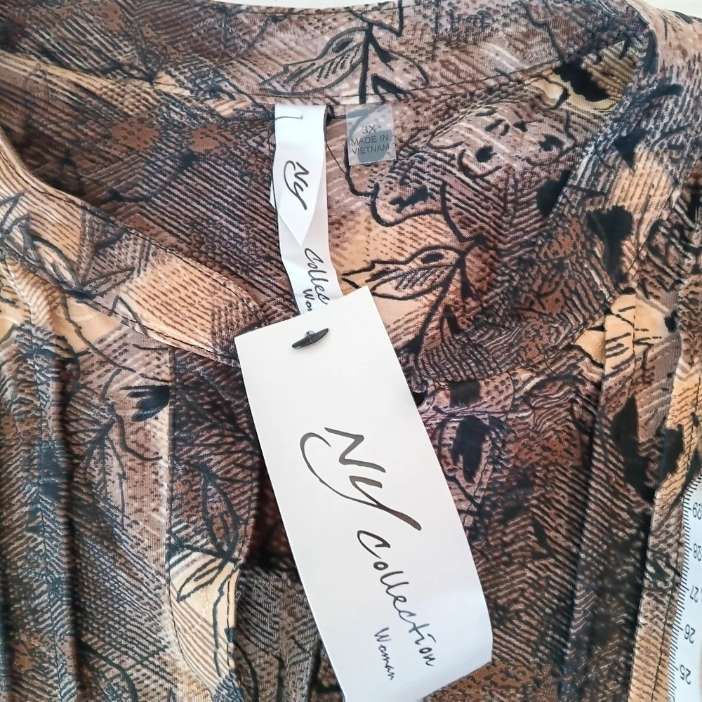 NY Collection Blouse Size‎ 3X V-Neck 3/4 Roll Tab Sleeve Mandarin Collar Browns - Picture 2 of 12
